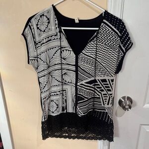 Black and White Geometric Women's Blouse with Lace Hem